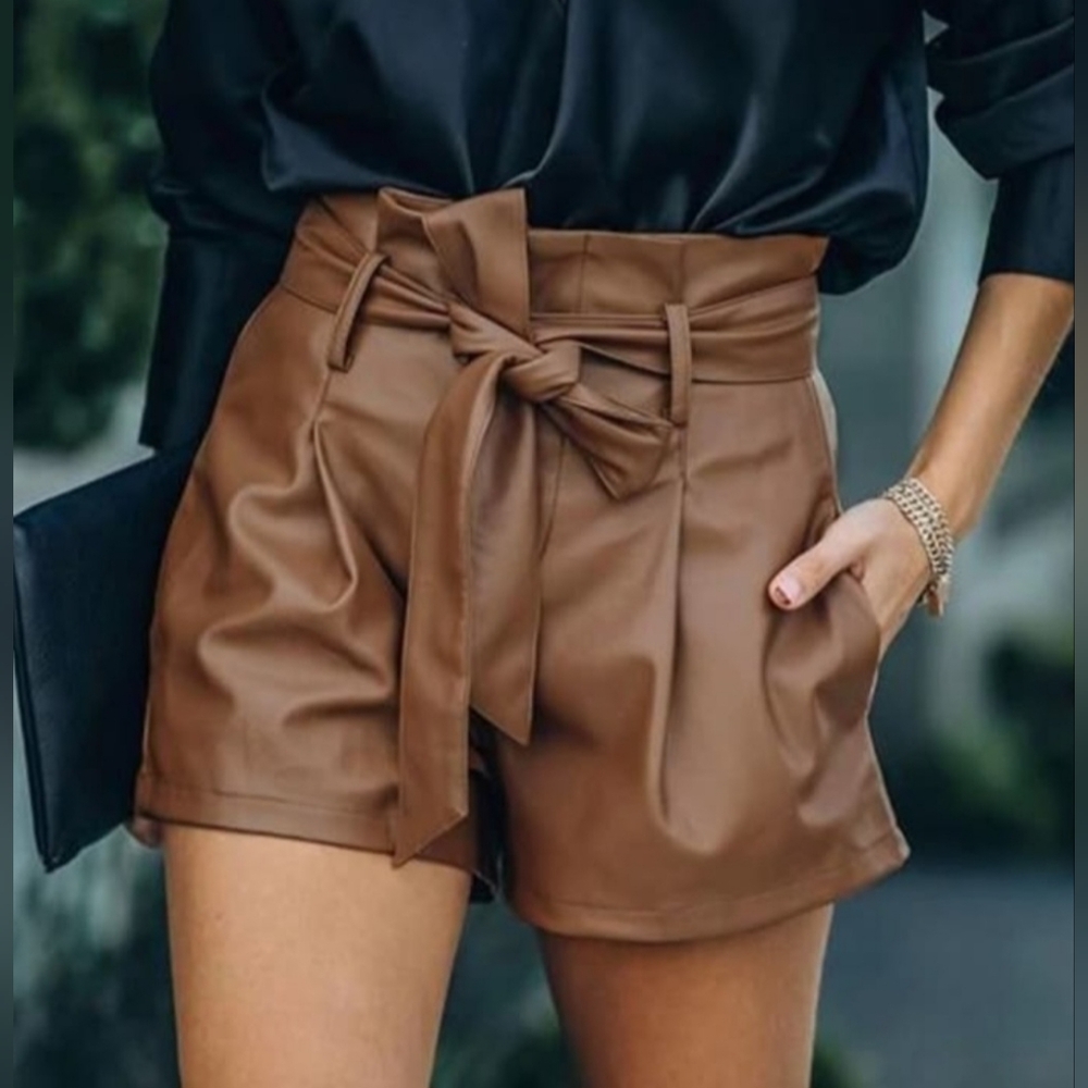 New Women Shorts , Tan High-Waisted With Tie On Front Size XL